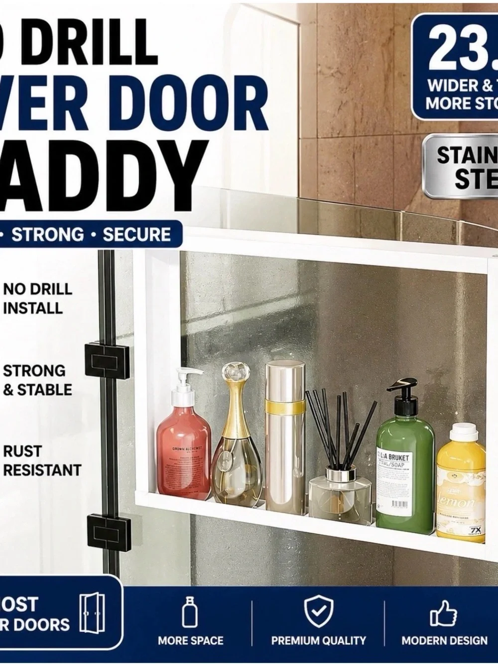 Over Door Shower Caddy No Drill Stainless Steel Bathroom Shelf 23.6”